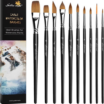 GoldenMaple 10pcs Sable Watercolor & Paint Brush Set: Fine Point Rounds, Dagger Striper, Filbert Wash, and Flats.