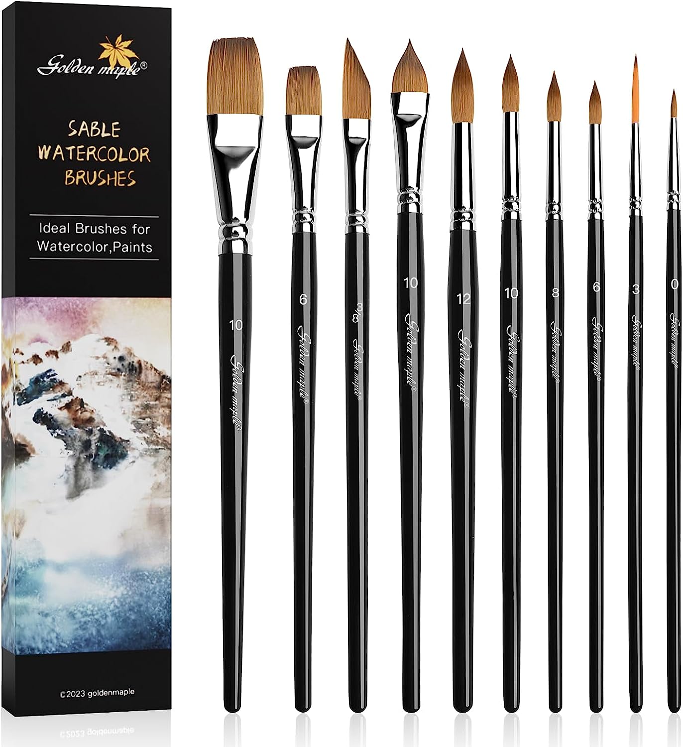 10pcs Sable Watercolor Brush Set Round Flat Dagger Oval Wash