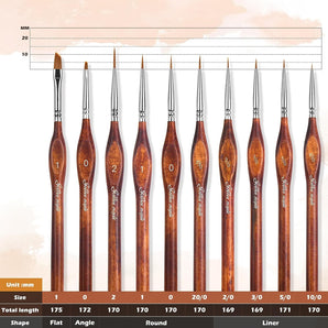 GoldenMaple 10pcs micro detail paint brush set with full-size chart.