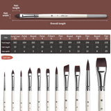 11-piece synthetic face paint brush set in multi-shapes, with detailed dimension chart.