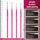 Kolinsky Sable Miniature Detail Brush set, sizes 00, 0, 1 & Oblique, with a full-size chart, for micro model painting.