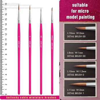 Kolinsky Sable Miniature Detail Brush set, sizes 00, 0, 1 & Oblique, with a full-size chart, for micro model painting.