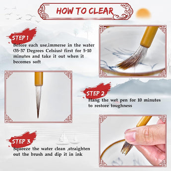 Calligraphy Brush cleaning and preparation guide for ink art: Steps for soaking, drying, and straightening the brush.