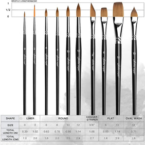 GoldenMaple 10pcs Sable Watercolor Brush Set in various sizes with length measurements for professional artists.