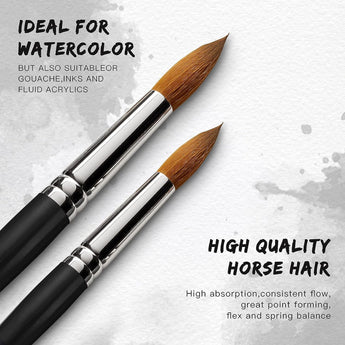 Two natural horse watercolor brushes, ideal for gouache, inks & fluid acrylics. High absorption & fine point.