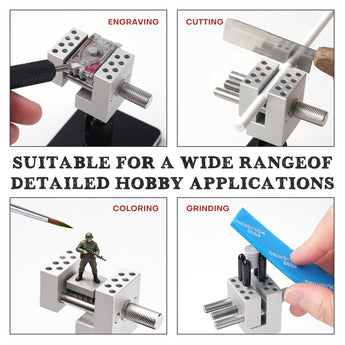 The miniature vise handles detailed tasks like engraving, cutting, coloring, and grinding.