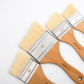 Angled Oil Paint Brush Set with natural bristles & wooden handles, sizes 40, 50, 60, 80 for art painting.