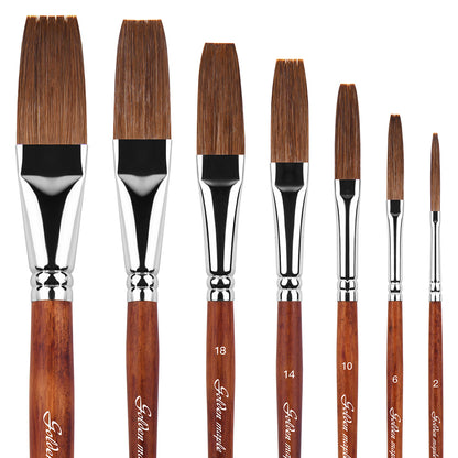 Golden Maple 7PCS Long Flat Natural Hiar Brush Set For Watercolor Painting