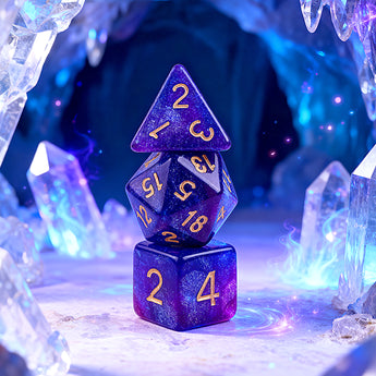 Three polyhedral dice of different shapes stacked together.