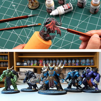 Artist painting a fantasy miniature with a detail brush & acrylic paint. Collection of finished painted monster figures.