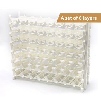 A fully assembled 6-layer white acrylic composable rack, providing ample storage for paint bottles.