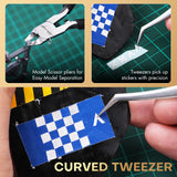 Use a single-blade nipper to cut the sprue, and then use curved tweezers to precisely apply the stickers onto the model.