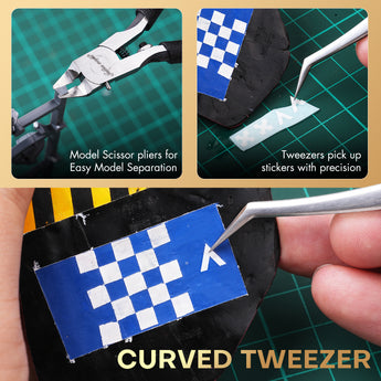 Use a single-blade nipper to cut the sprue, and then use curved tweezers to precisely apply the stickers onto the model.