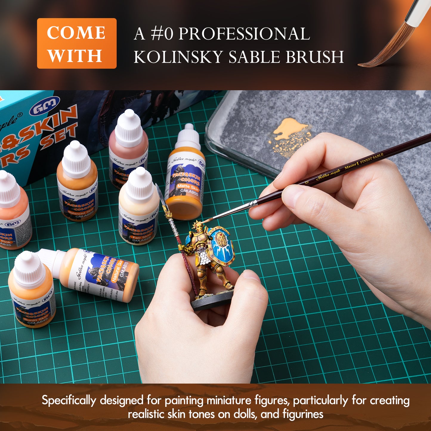 Golden Maple Miniature Paint Set, 8 x 20ml Colors Skin Tone Acrylic Paint Set Airbrush Paint, with a Kolinsky Miniature Brush, for Models, Miniatures, Miniature Figures and Dolls