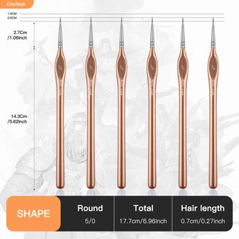 Golden Maple 6pcs Extra Fine Detail Miniature Paint Brush Set with a full-size chart. For miniature & fine line painting.