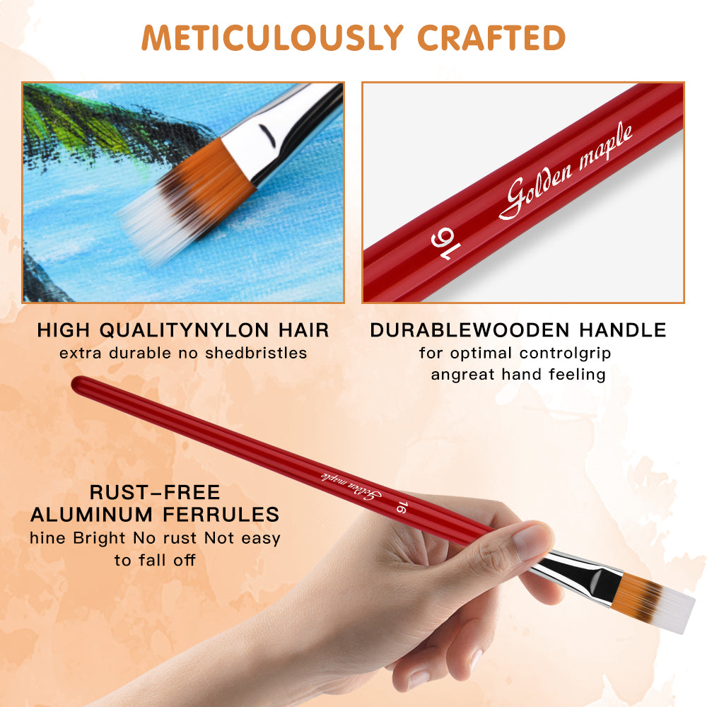 Golden Maple 5PCS Long Flat Brush Set With Premium Nylon Hair Red Wood Handle For Oil Painting Acrylic Painting