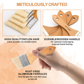 Bristle Angled Hake Brushes with wooden handles & rust-free aluminum ferrules for acrylic & oil.