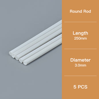 Five round model rods have a diameter of 3.0 mm and a length of 250 mm.