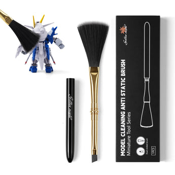 Golden Maple anti-static model cleaning brush dusting a robot figure next to black packaging box.
