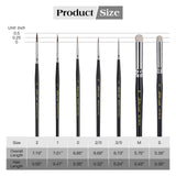 Size chart for Kolinsky Sable Detail Brushes and goat hair drybrushes showing precise hair and handle measurements.