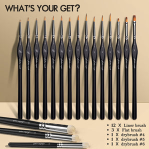 Nylon Liner, Flat 15pcs Detail Paint Brush & 3pcs Goat Hair Dry Brush Miniature Brush - 18pcs/set