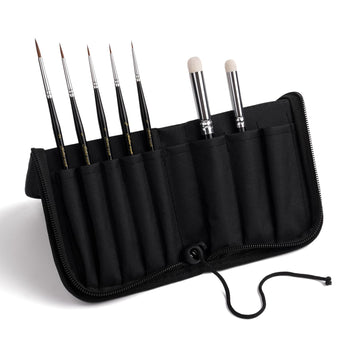 Portable art set with Kolinsky Sable Detail Brushes and goat hair drybrushes in a professional black fabric travel case.