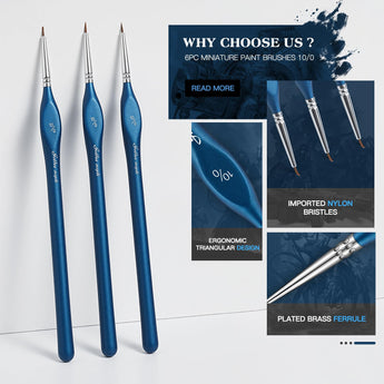 GoldenMaple 6PC Miniature Detail Brushes 10/0, Synthetic Nylon Bristles, Ergonomic Triangular Design.