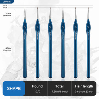 6pc Round 10/0 Synthetic Nylon Detail Brushes for watercolor, acrylic, and miniature painting.