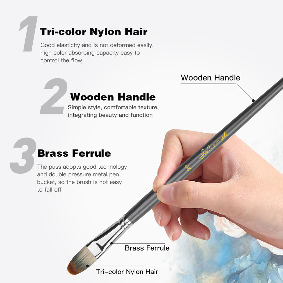 Golden Maple 12pcs Nylon Hair Painting Brush Wood Handle Filbert Acrylic Oil Watercolor Paint Brush Set
