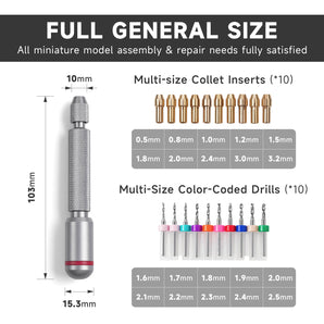 Hand Drill Set for Miniature Painting — Pin Vise with 10 Bits & 10 Collets, Ideal for Models & 3D Prints