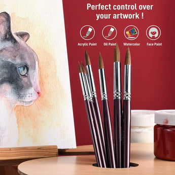 Kolinsky Sable Detail Brushes set used for cat watercolor painting, suitable for acrylic, oil, and face paint.