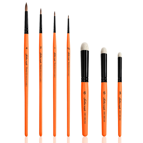 Master I: 2/0, 1, 2, 4 Kolinsky Sable & S,M,L Goat Hair Dry Brush - 7pcs/set