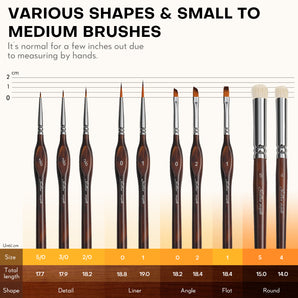 Golden Maple 10pcs Miniature Detail & Dry Brush Set in various shapes with a full-size chart.