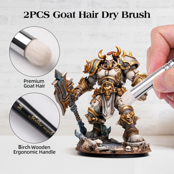 Premium Goat Hair Dry Brush with birch wooden ergonomic handle used for texturing armored miniature models.