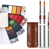 18-color Watercolor Paint Set & Travel Watercolor Brushes in a brown leather case. Perfect for Pro Artists & Beginners.
