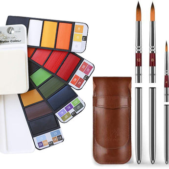 18-color Watercolor Paint Set & Travel Watercolor Brushes in a brown leather case. Perfect for Pro Artists & Beginners.
