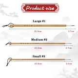 3 sizes traditional Chinese calligraphy painting brushes, size dimension chart, bamboo handle for detailed ink artwork.