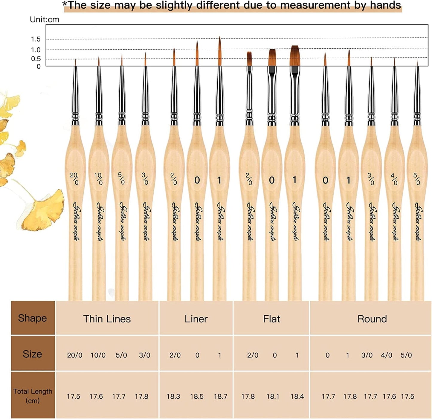 Golden maple 15pcs  Micro Detail Paint Brush Set Flat Brush Liner brush Round Brush (Goldenmaple-15pcs)