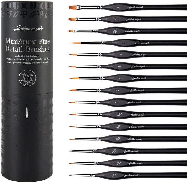 Golden ahorn 15PC Nylon Micro Detaljer maling børste sæt runde børste filteret børste Flad børste (15pcs-goldenmaple) Detailset)