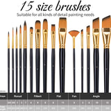 15-piece Nylon Acrylic Paint Brush set with a complete size dimension comparison table. Perfect for Artists & Beginners.