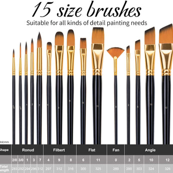 15-piece Nylon Acrylic Paint Brush set with a complete size dimension comparison table. Perfect for Artists & Beginners.
