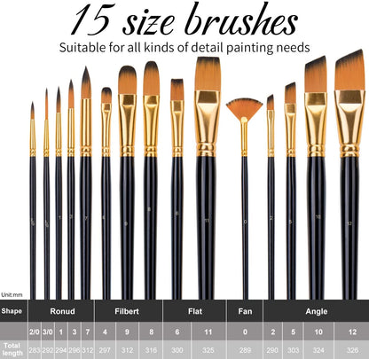 Golden Maple 15PCS Nylon Brush Set Flat brush filbert brush Round brush Cat tongue petal brush Fan brush