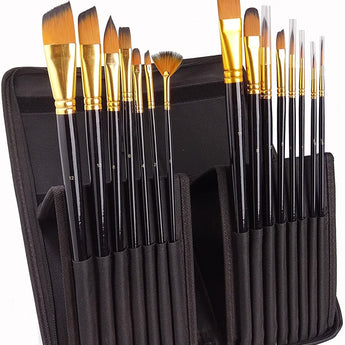 Synthetic Nylon Paint Brush Set in a black zippered travel case. Multi-shape brushes for Acrylic, Oil, & Watercolor painting.
