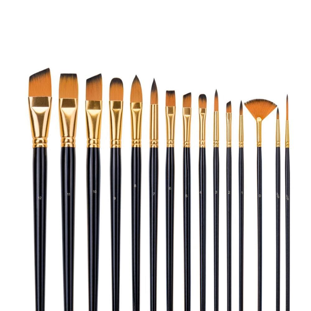 15pcs Nylon Brush Set Flat Filbert Round Cat Tongue Petal Fan Brushes