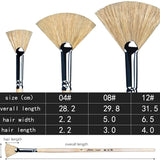 Golden Maple 3PCS Hog Bristle Long Handle Oil Fan Paint Brush Set with detailed dimensions chart.