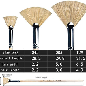 Golden Maple 3PCS Hog Bristle Long Handle Oil Fan Paint Brush Set with detailed dimensions chart.