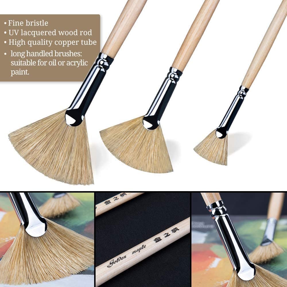 Golden Maple 3PCS Hog Bristle Long Handle Oil Fan Paint Brush Set