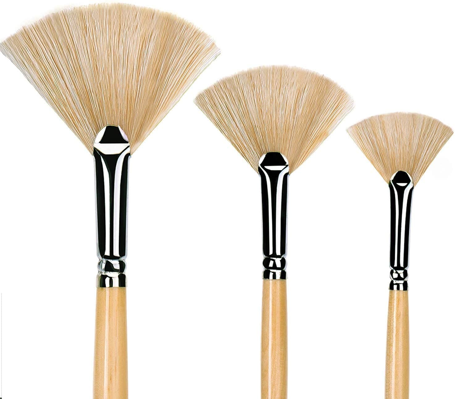 3PCS Artist Fan Paint Brush Set Hog Bristle Long Handle Oil & Acrylic
