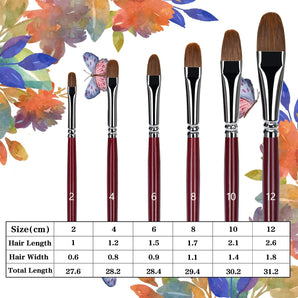 Sable Long Handle Filbert Paint Brush Set with detailed dimensions. Pro brushes for Watercolor, Oil & Acrylic Paint.