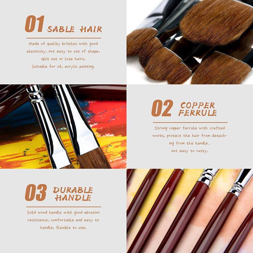 Golden Maple 6PCS Sable Long Handle Filbert Paint Brush Set